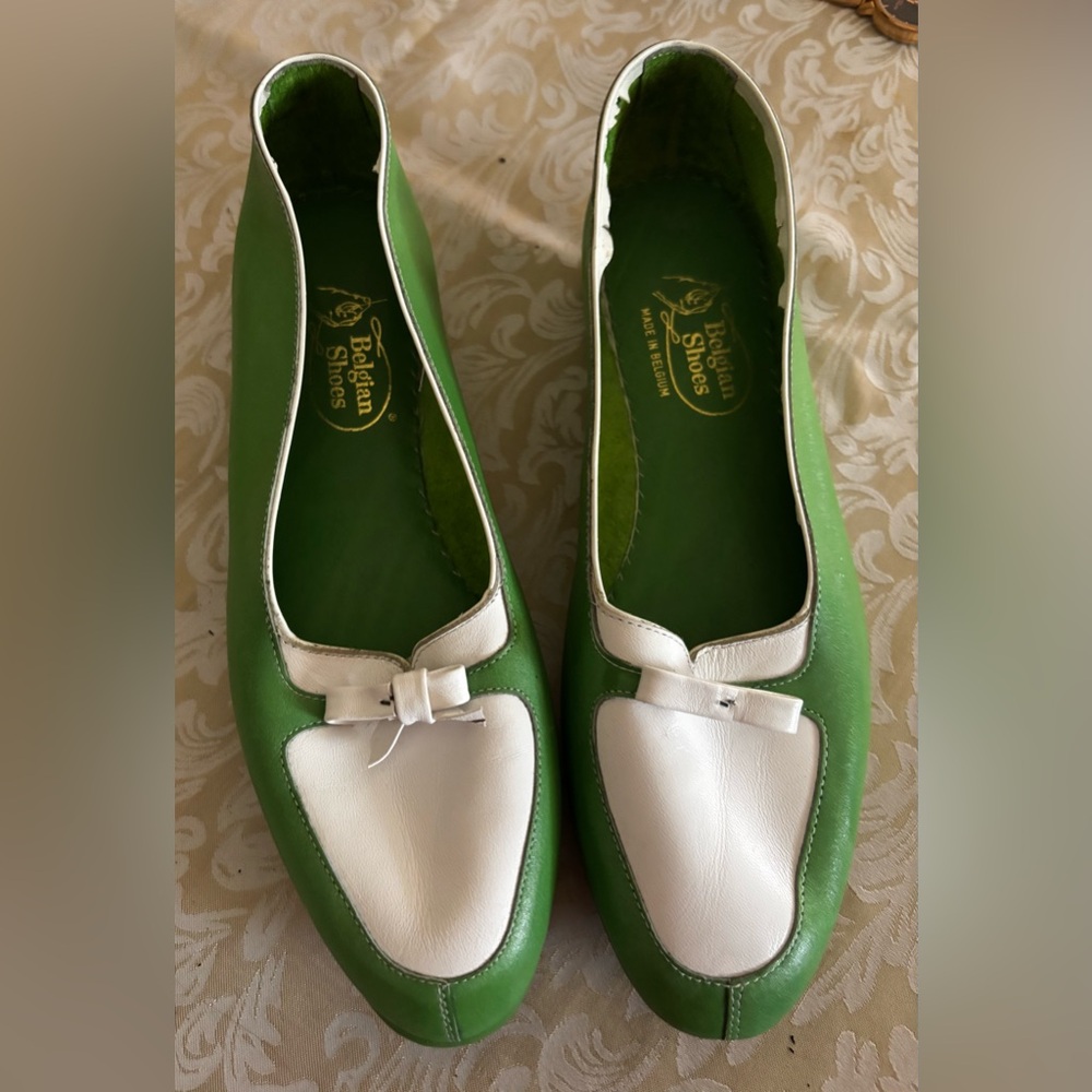 BELGIAN SHOES -Lime green  and White Leather Flats for Everyday Comfort